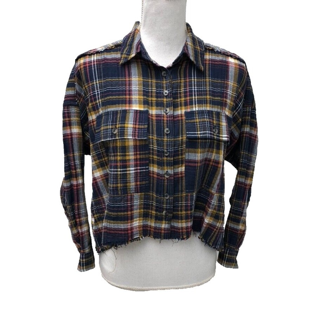 Pilcro Button Up Crop Flannel Top Womens Small‎ Plaid Cottagecore Country